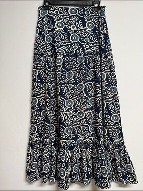 Luna Moon Navy Blue Batik Floral Tiered Maxi Skirt Size Medium